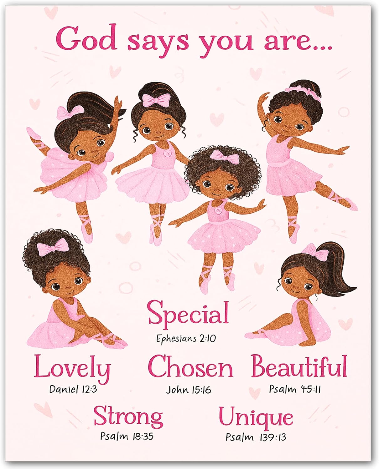 ZUKIY Ballerina Blessings - Who God Says You Are - Black Ballerina Wall Art - Ballerina Room Decor for Girls - Ballerina Bedroom Decor - Pink Afro Girl Poster - God Daughter Gifts - Unframed 8x10