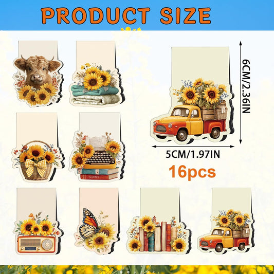 Vintage Sunflower Magnetic Bookmarks Gifts - 16 Pcs Wxiben Flower Highland Cow Magnet Book Page Markers Floral Bookmark Clips Gift for Book Lovers Students Teacher School Reading Office Supplies