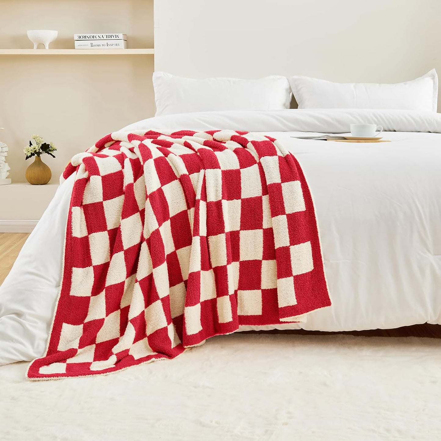 CozeCube Super Soft Fullfy Microfiber Reversible Knitted Blankets, Warm Cozy Fuzzy Plush Throw, Christmas red and White Checkered Throw Blanket for Couch Bed Sofa, 50" x 60"