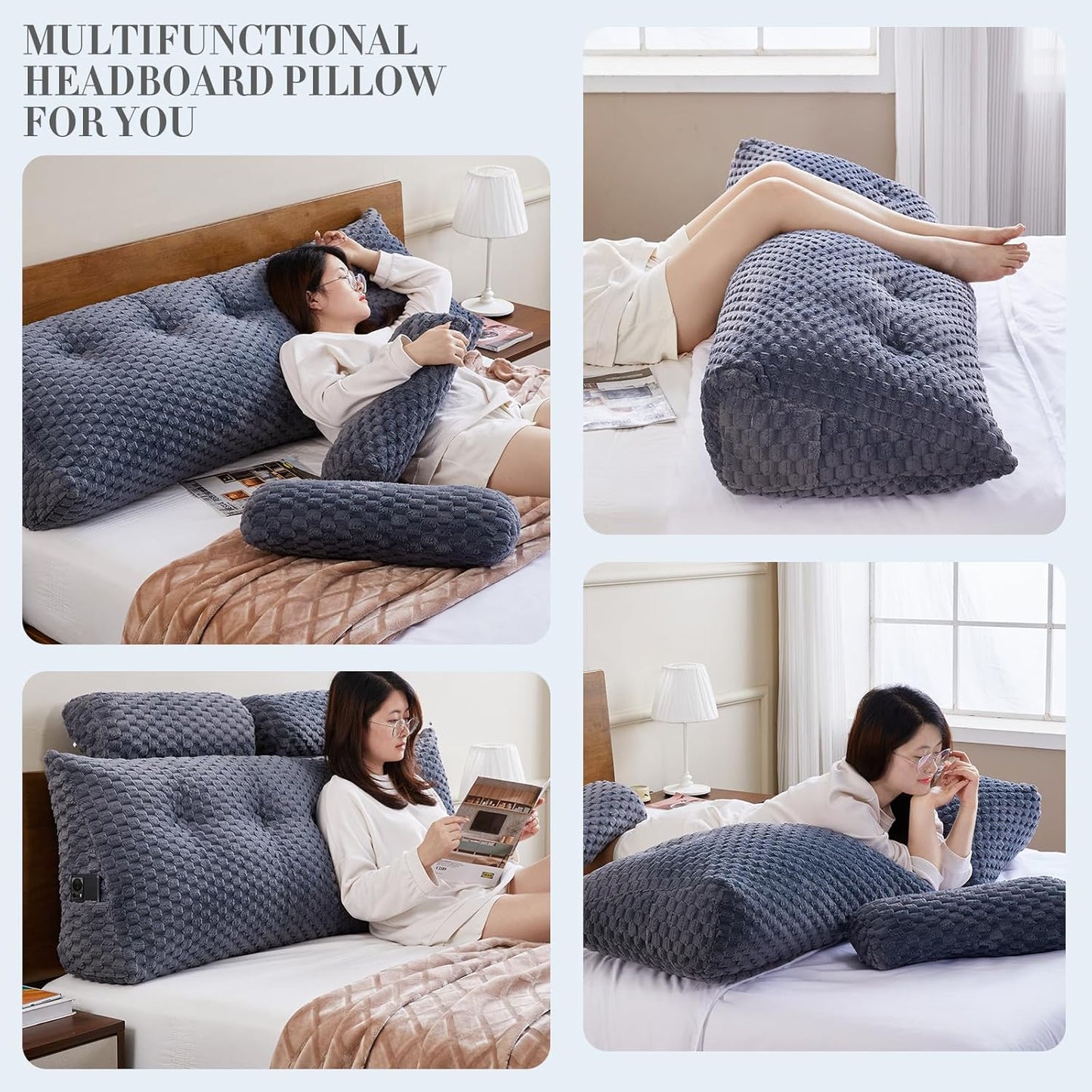 Wedge Headboard Pillow Queen- Bed Wedge Pillow for Headboard Triangular Headboard Pillow with Neck Roll Pillow-Large Bolster for Sitting in Bed Backrest Positioning Support (Grey,59x8x20 Inches)