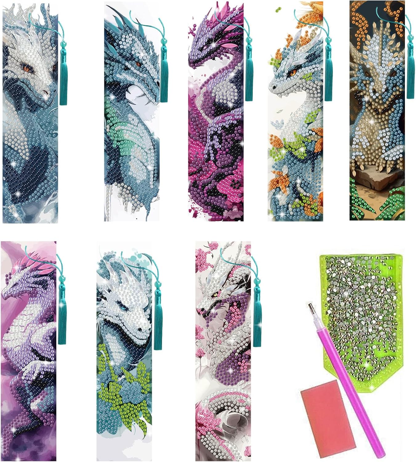 beinkmake 8Pcs Dragon Diamond Art Bookmarks Books Diamond DIY Painting Bookmarks Anime Dragons Rhinestones Beaded Acrylic Tassel Bookmark for Adult Beginner Crafts