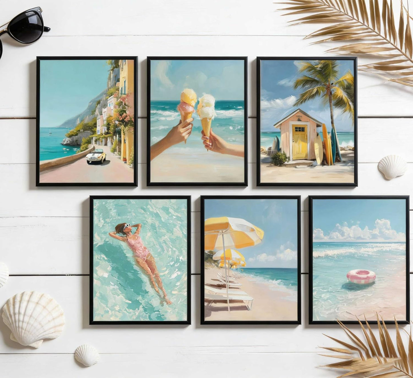 6 Pcs Beach Wall Art - Coastal Granddaughter Aesthetic Poster, Tropical Vacation Vibe painting, Italian Summer Prints Wall Decor for Living Room Bedroom Bathroom Unframed 10x8 Gifts for Friends