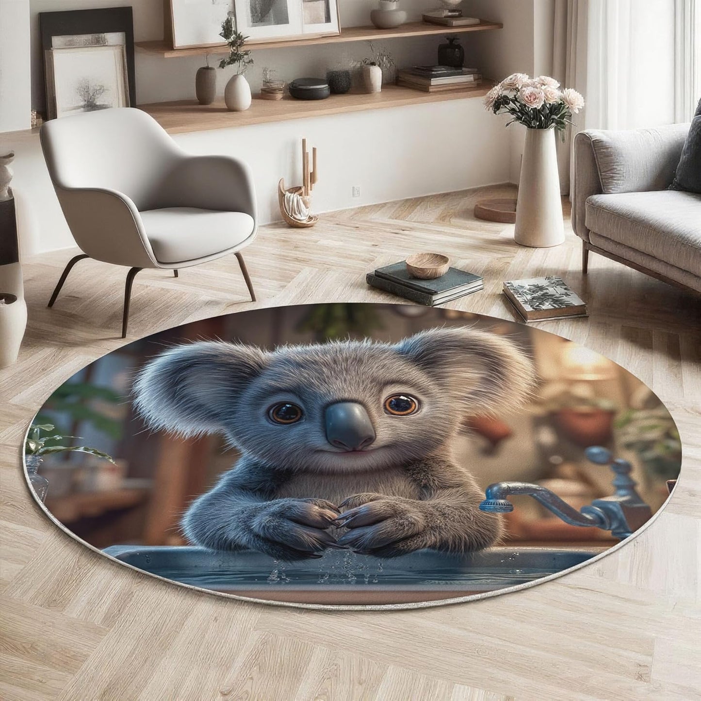 Round Rug for Kids Room, Fun Koala Pool Round Rugs 3Ft, Realistic Animal Style Circle Rug, Dark Gray Washable Circle Carpet for Living Room Bedroom, Non Slip Low Pile Thin Area Rugs