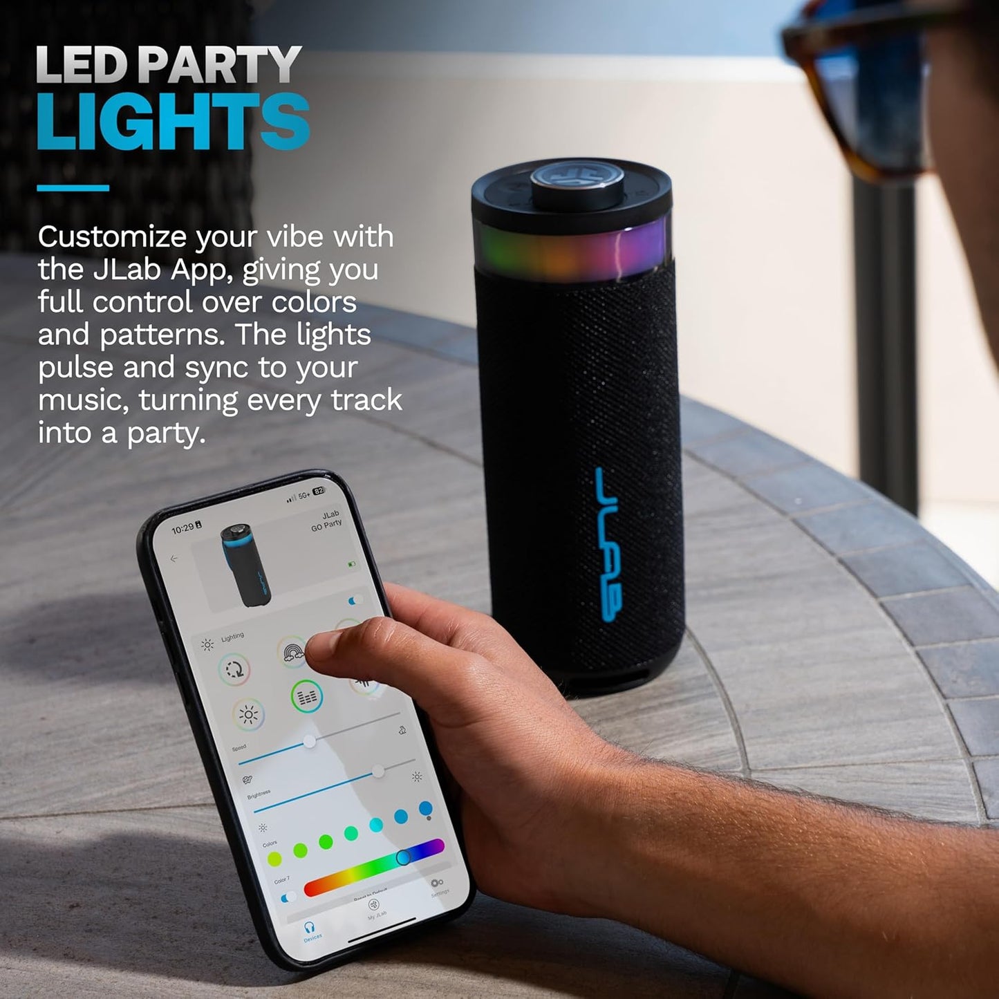 JLab Go Party Portable Bluetooth Speaker, Midnight Black, 10 Watts of Power, 16+ Hours of Playtime, IP56 Waterproofing, Customizable RGB LED Lighting, Lab Sync Up to 100 Speakers, Custom Sound in-App