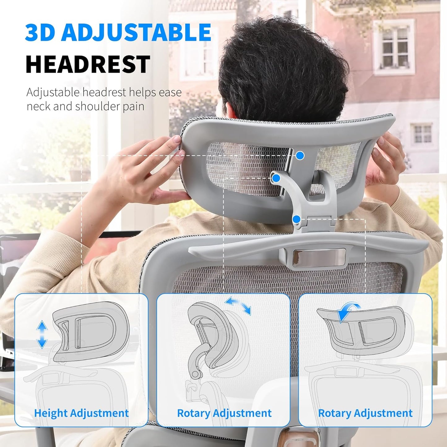 Mesh Ergonomic Office Chair with 6D Armrests,High Back Mesh Gaming Chair with Lumbar Support,Adjustable 3D Headrest for Home Office Desk Chair (Executive, Grey)