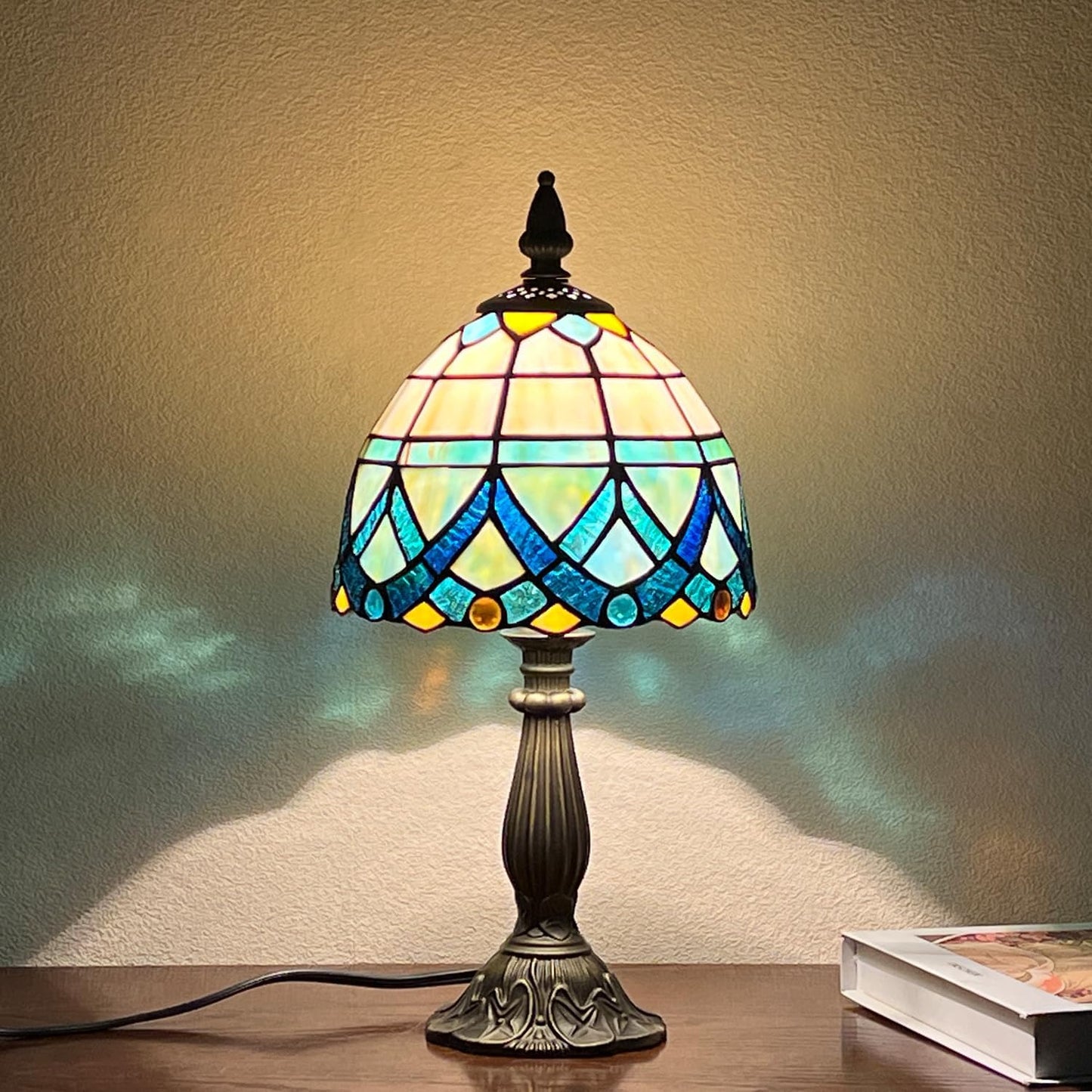 Tiffany Table Lamp,Blue Small Stained Glass Accent Table Light,Antique Style Nightstand Desk Lamp Vintage Bedside Lamp for Living Room Bedroom