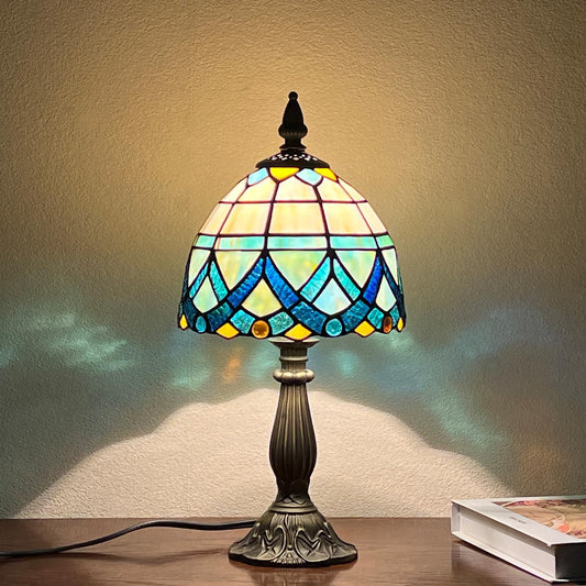 Tiffany Table Lamp,Blue Small Stained Glass Accent Table Light,Antique Style Nightstand Desk Lamp Vintage Bedside Lamp for Living Room Bedroom