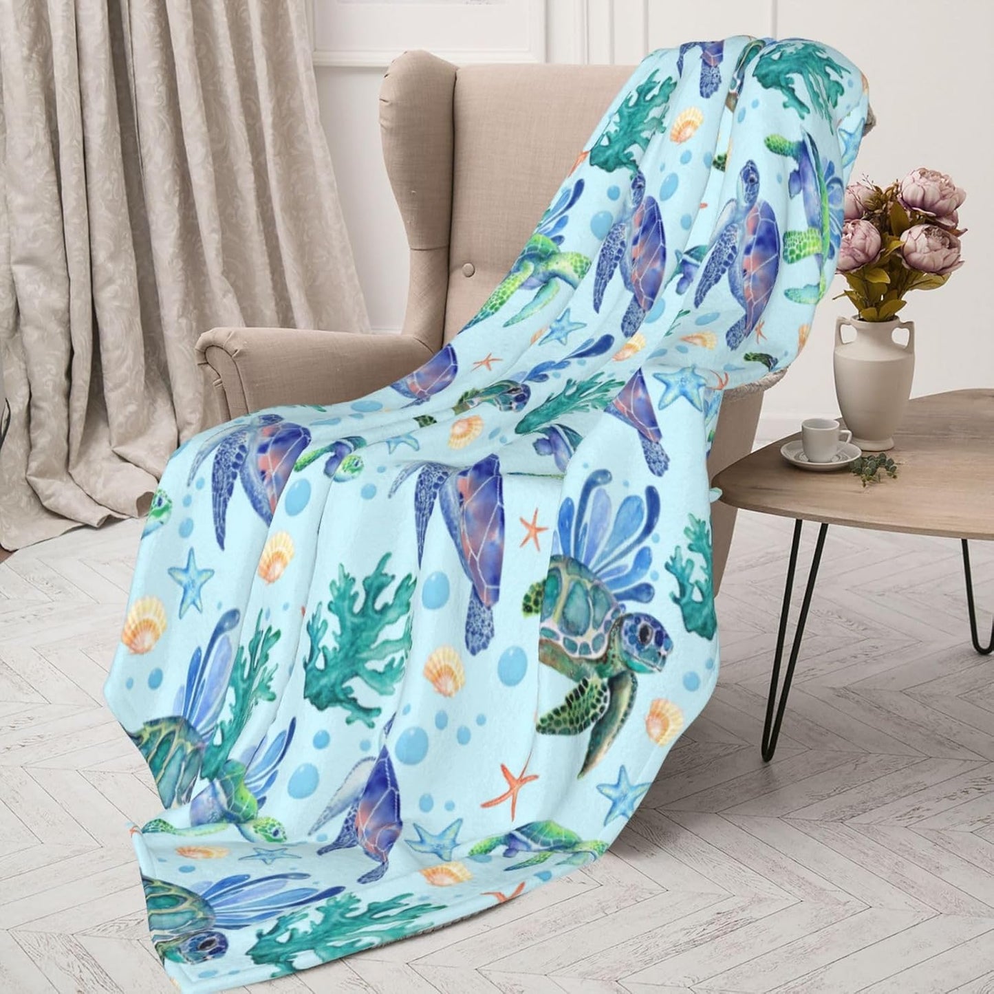 Sea Turtle Throw Blanket Flannel Fleece Bed Blankets Cozy Plush Blanket for Bedroom Living Sofa Car 80"x60"
