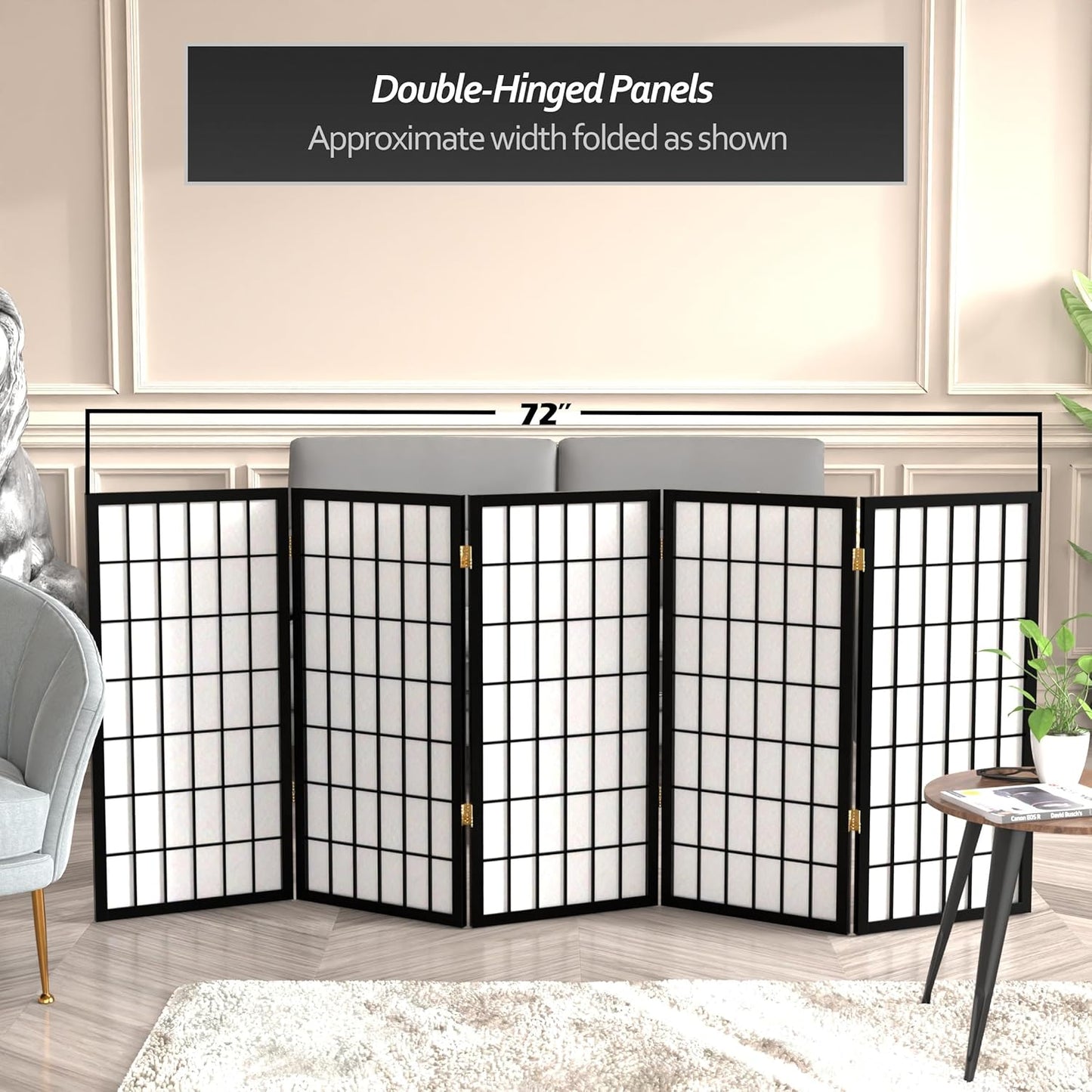 3 ft. Short Window Pane Shoji Screen - Black - 5 Panels