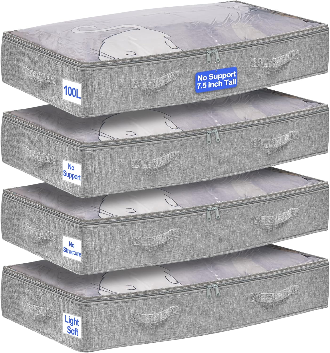 punemi 100L Under Bed Storage Containers, NO STRUCTURE Extra Large Underbed Storage,Soft Foldable Zipper Cloth Blanket Storage Container, Long Flat Storage Bins For College Dorm, 4 Pack, 20x40x7.5in