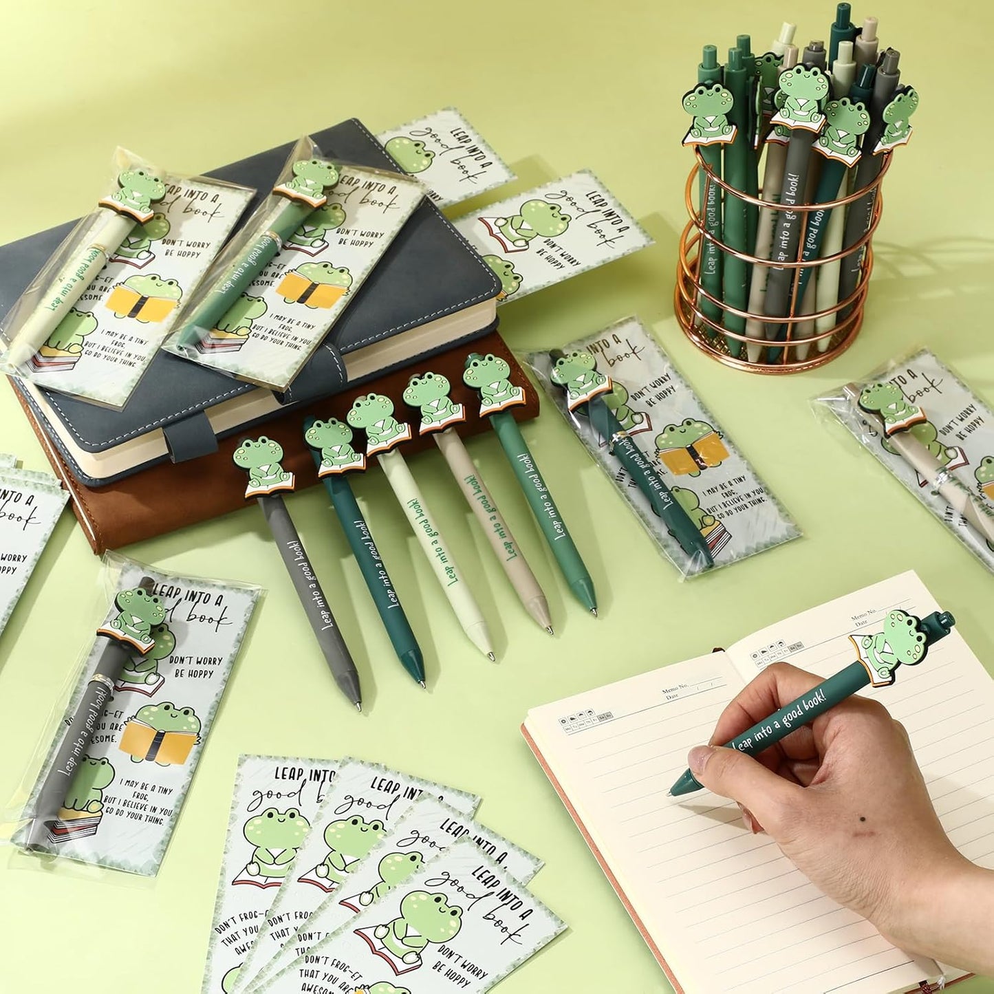 30 Sets Book Lovers Gifts Bulk Frog Pens with Inspirational Bookmarks School Librarian Appreciation Gifts Book Club Reading Party Favors for Women Men Bookish Librarians Teachers