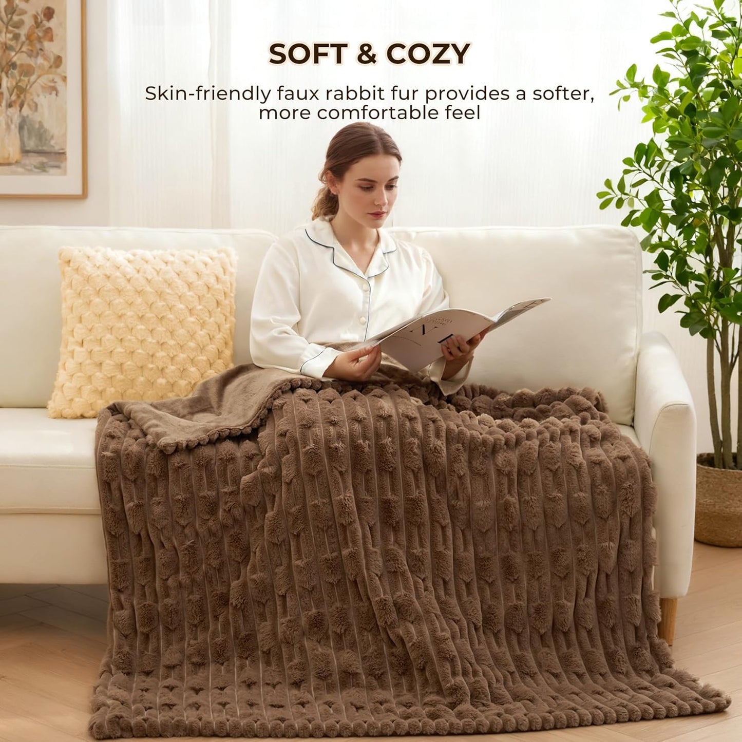 Heated Throw Blanket 50"x60", Electric Blanket with Bamboo Pattern, Luxury Faux Rabbit Fur&Soft Flannel, 6 Heat Settings, 1-4 Hour Auto Shut-Off, Machine Washable (Dark Brown)