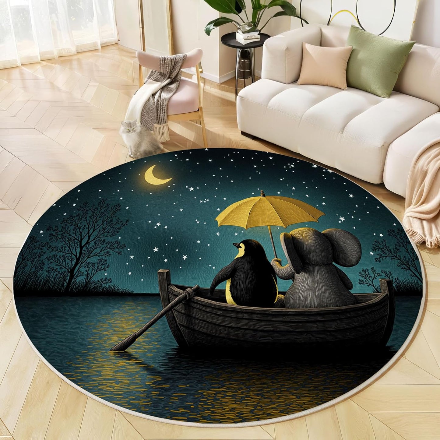 Dreamy Starry Sky Lake Round Rugs 4Ft, Cute Penguins Elephants Round Living Room Area Rug, Washable Large Soft Circle Rug for Bedroom, Non Slip Ultra Thin Floor Carpet for Dining Room, Turquoise