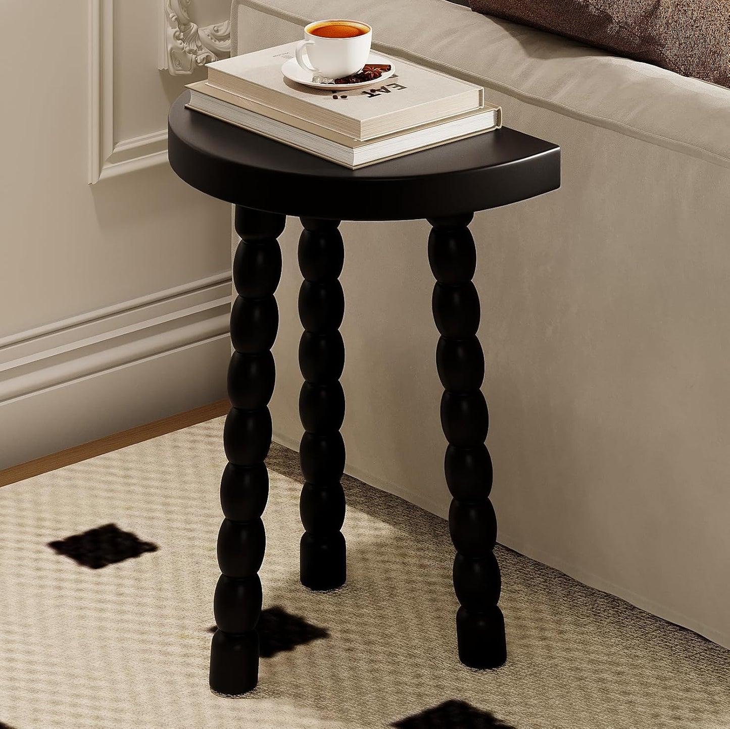 Wooden Bobbin Side Table - Plant Stand - Half Round Table - Wooden Accent Stool- Minimalist Decorative Table for Bedroom, Hallway, Living Room (1, Black)