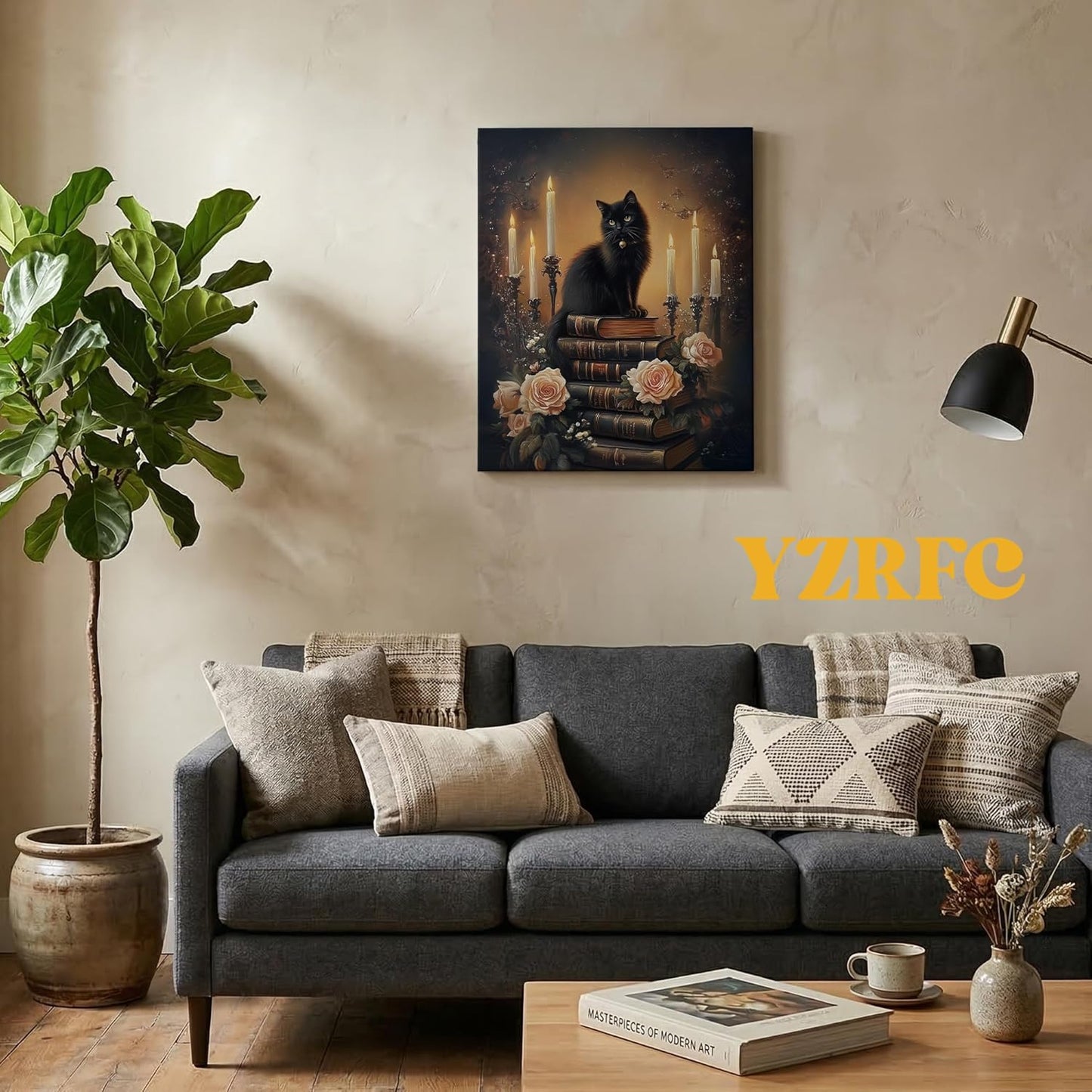 YZRFC Dark Academia Black Cat Wall Art Framed, Vintage Floral Moody Black Cat Book Art Wall Decor Canvas Artwork Poster for Home Bedroom Reading Nook Corner, 11x14 Inch