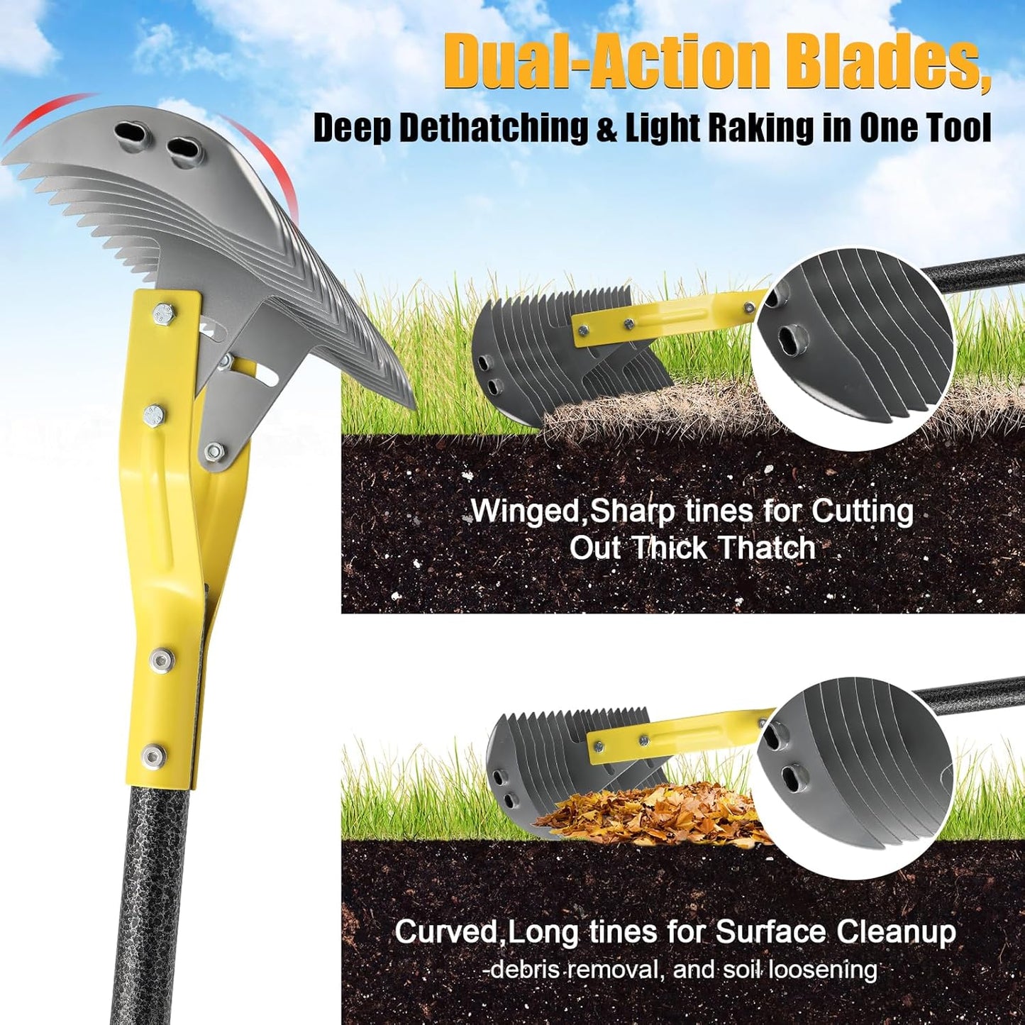 Dual-Action Thatch Rake for Lawn – Efficient 15" Thatching Rake with Sharp Dethatching Blade,Manual Dethatcher & Scarifier Tool for Dead Grass Removal,Soil Loosening,Garden Yard Lawn Care,55" Long