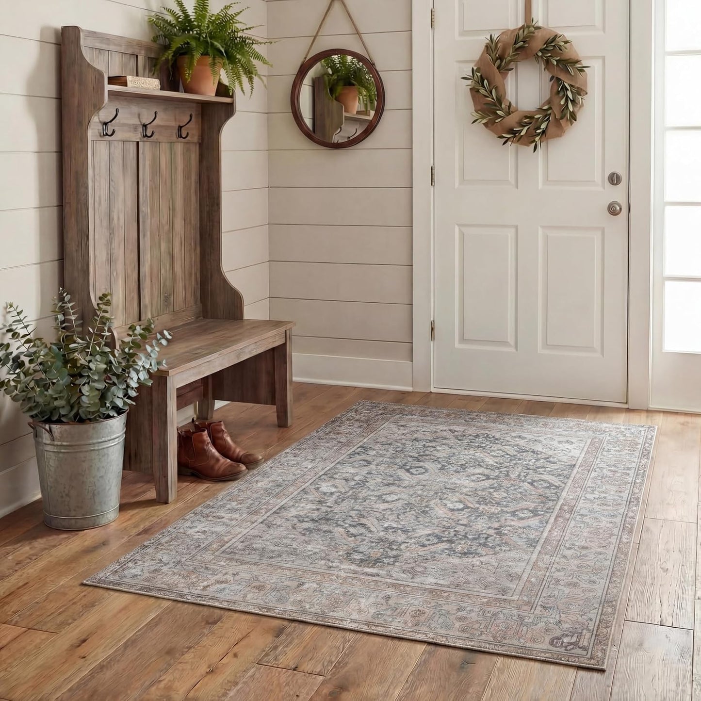 Kuden 4x6 Area Rug, Machine Washable Area Rug with Non-Slip Backing, Vintage Style, Soft, Easy Clean, Low Pile Rug for Living Room, Bedroom, Dining Room