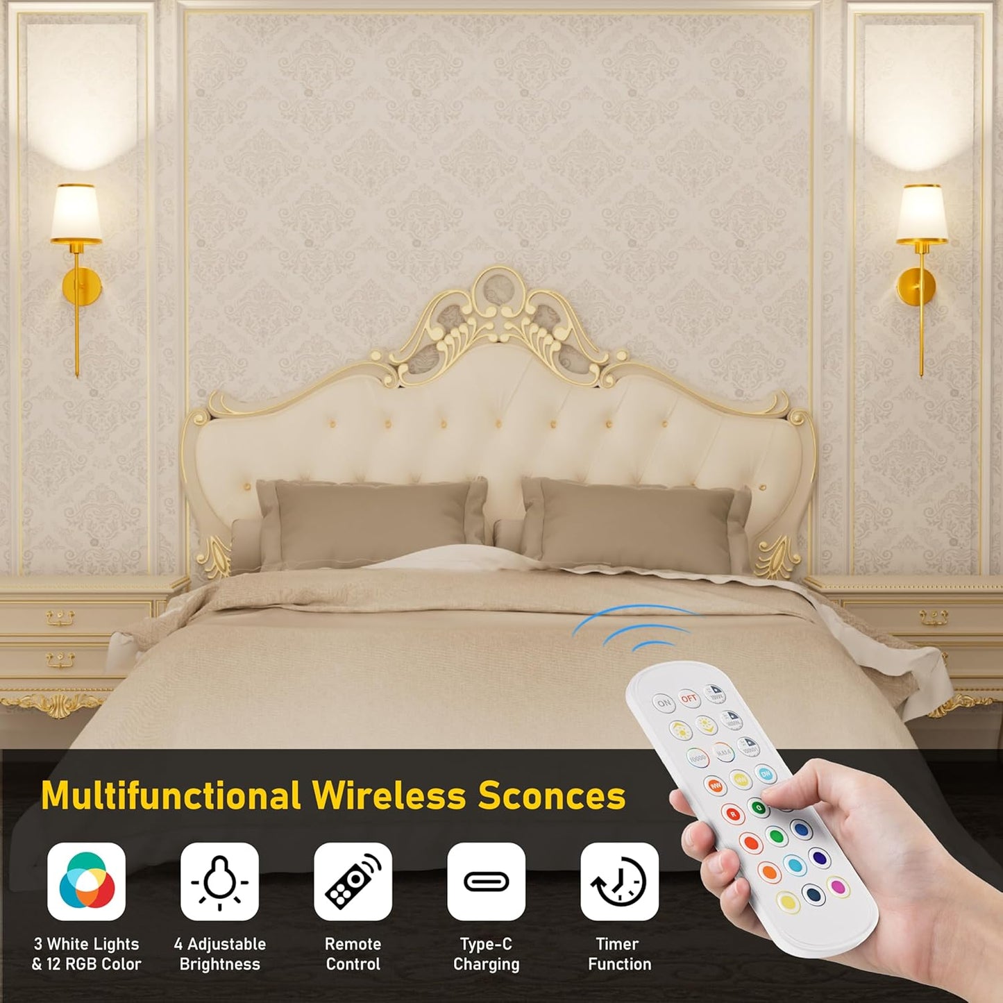 StarLume Battery Operated Wall Sconce Set of 2, LED Rechargeable Gold Wall Lights with 5200mAh Dimmable Bulbs and Remote,15 Colors Wireless Wall Lamps for Bedroom Living Room Hallway Decor