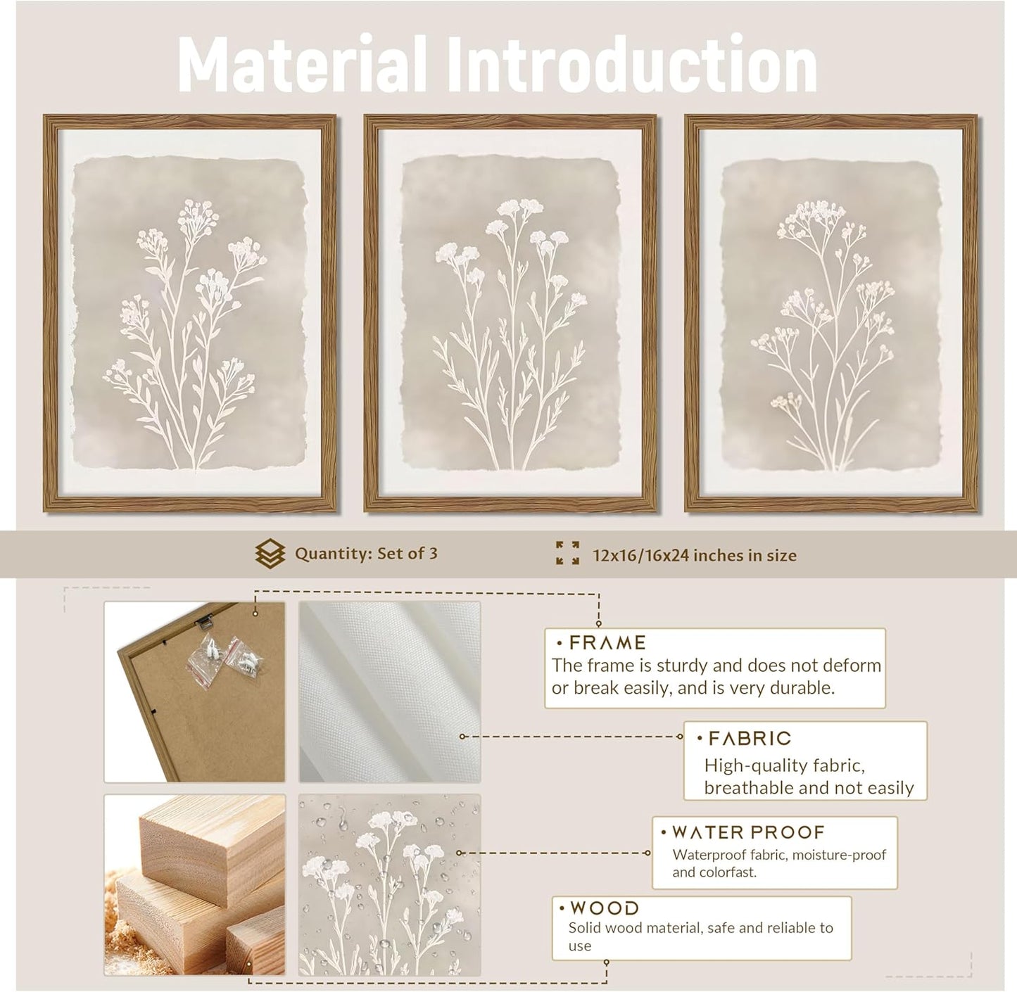 Framed Boho Botanical Flower Wall Art Set of 3, Vintage Minimalist Neutral Floral Wall Decor Paintings, Rustic Farmhouse Wildflower Artwork Prints Picture for Living Room Bedroom Bathroom 12x16 Inch
