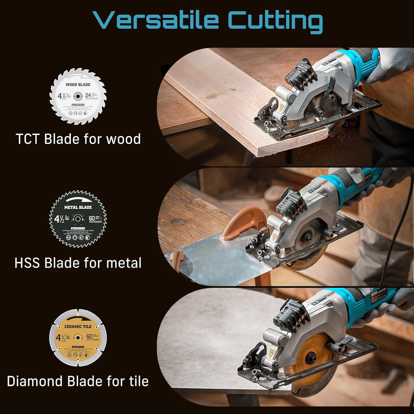 Seesii Mini Circular Saw with Laser Guide,4.8A 4000 RPM Compact Corded Circular Saw with Rip Guide,3 Blades (4-1/2") for Wood,Soft Metal,Tile,Plastic Cutting,Max Cut Depth 1-11/16"(90°),1-1/8" (45°)