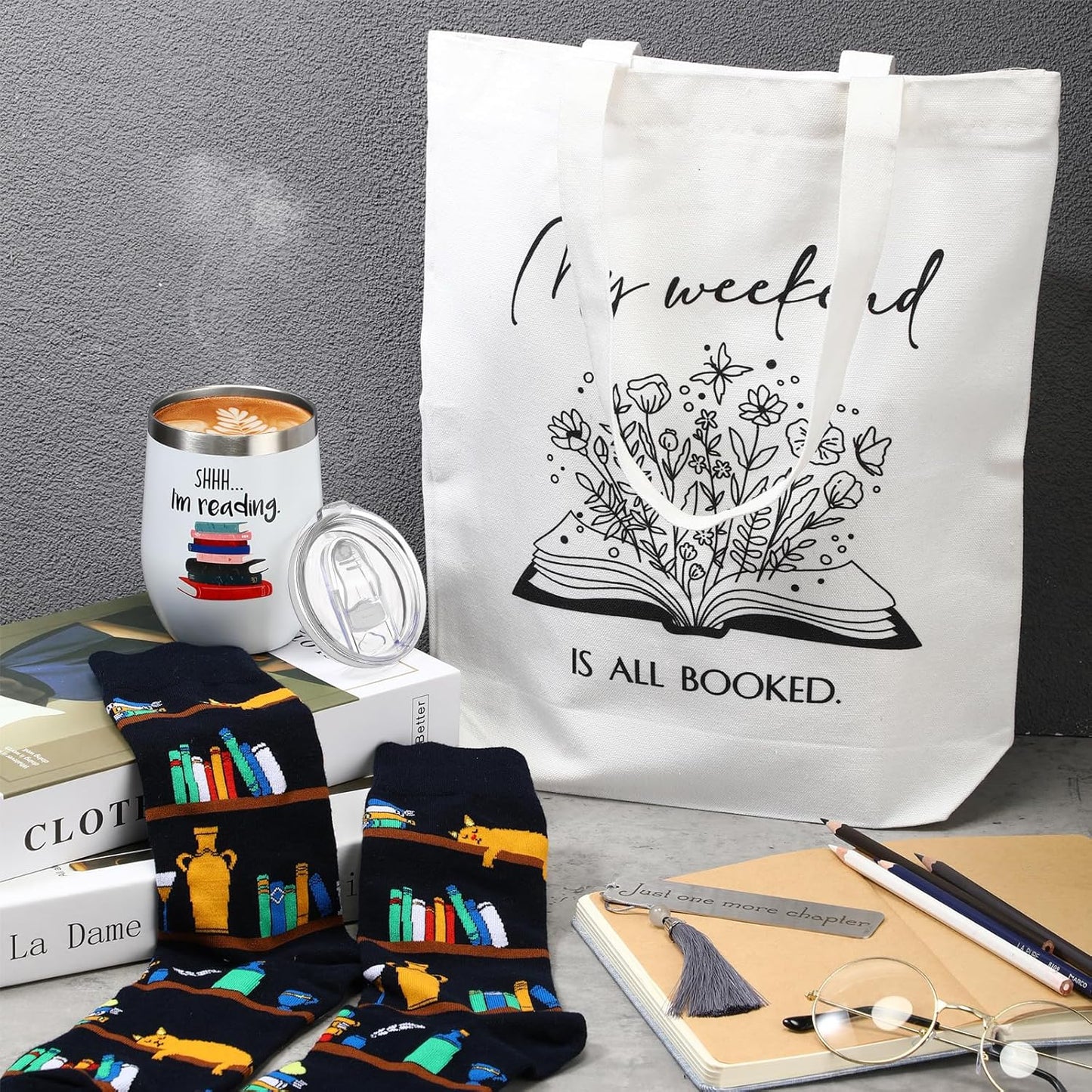 Sieral Sets of 4 Book Lovers Gift for Women Bookish Stainless Steel Tumbler Tote Bag Socks Books Bookmark Librarian Appreciation Gift for Book Bookworm Teacher Graduation(Reading)