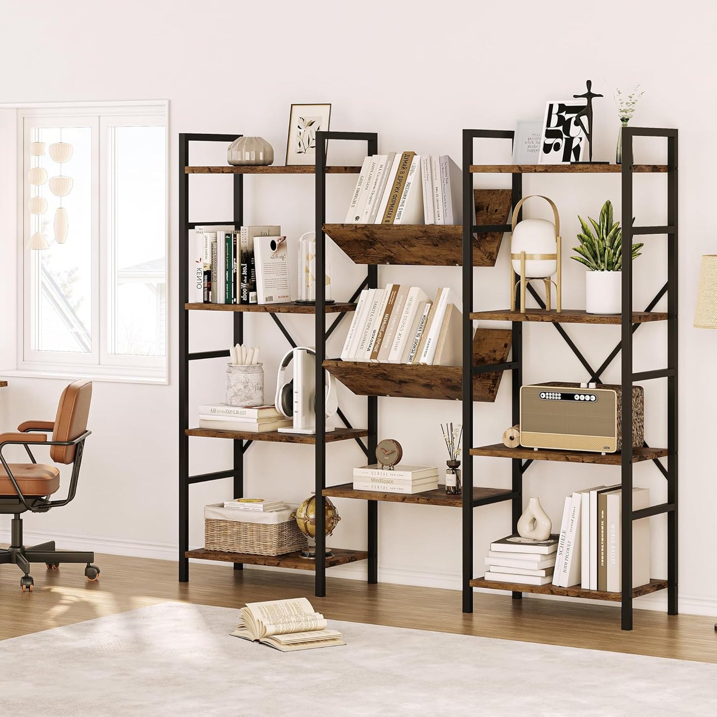GAOMON Triple Wide 4 Tier Book Shelf, Tall Bookshelf with Open Display Shelves, Industrial Large Bookshelves and Bookcases with Metal Frame for Living Room, Bedroom, Home Office-Rustic Brown
