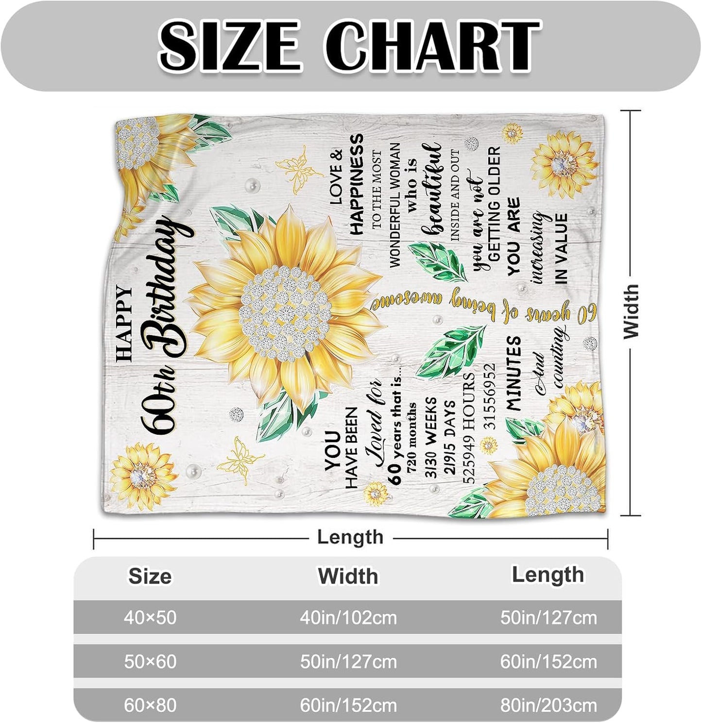 60th Birthday Gifts for Women, Gift for 60 Year Old Women, 60th Birthday Decorations Gift Ideas for Her, Turning 60 Throw Blanket, Happy 60th Blanket 80" X 60"