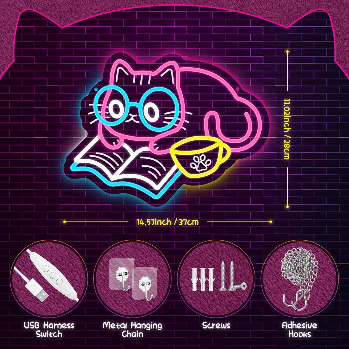 Cat Reading Book Neon Sign, Adorable Cat Neon Light for Bookstore Library Classroom Bedroom Wall Decor, USB Dimmable LED Sign Party Birthday Gift for Girls Students Book Lovers