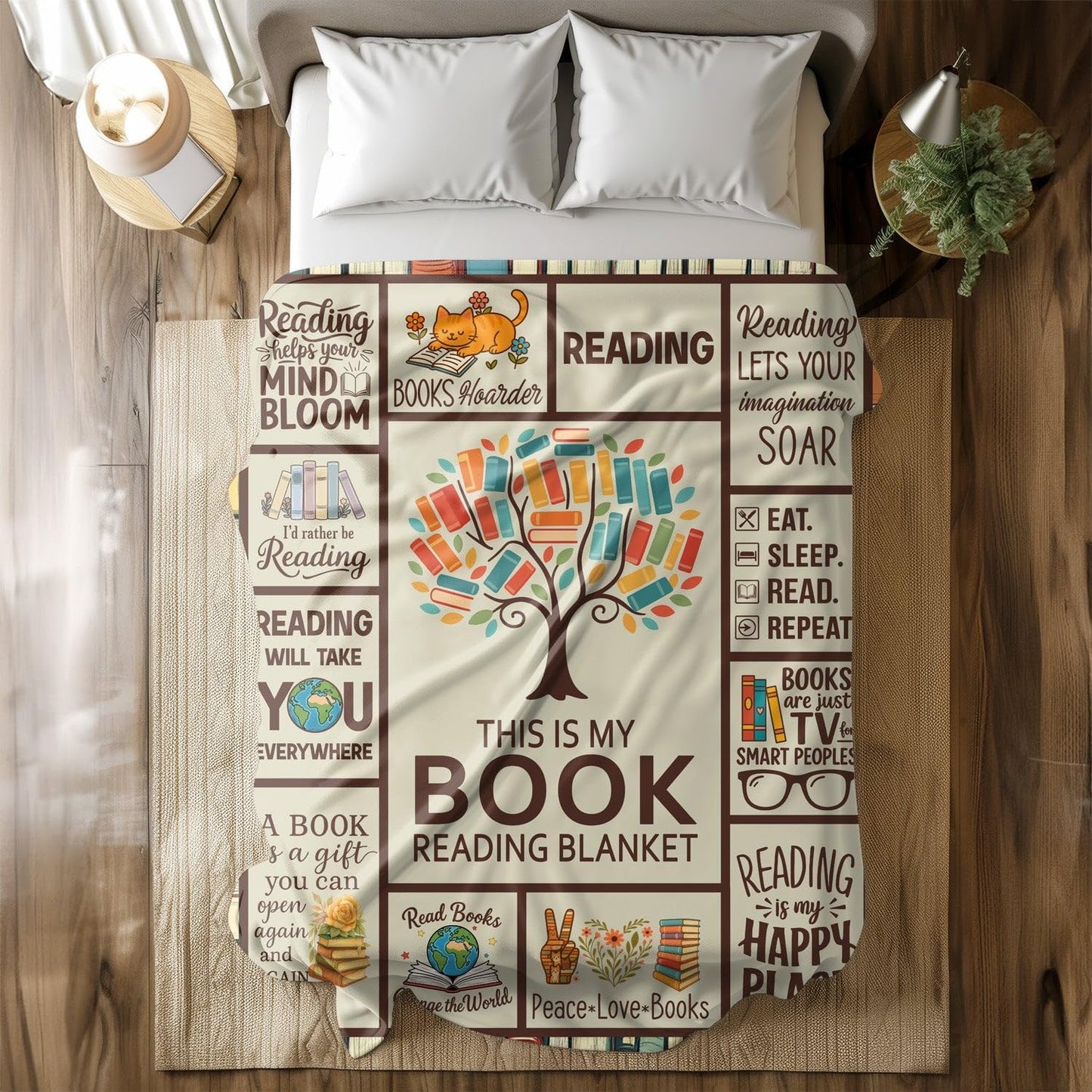 Book Lover Reading Blanket - Cozy Throw with Cute Reading Quotes and Book Illustrations for Readers Librarians Writers and Literature Enthusiasts for Home Or Library