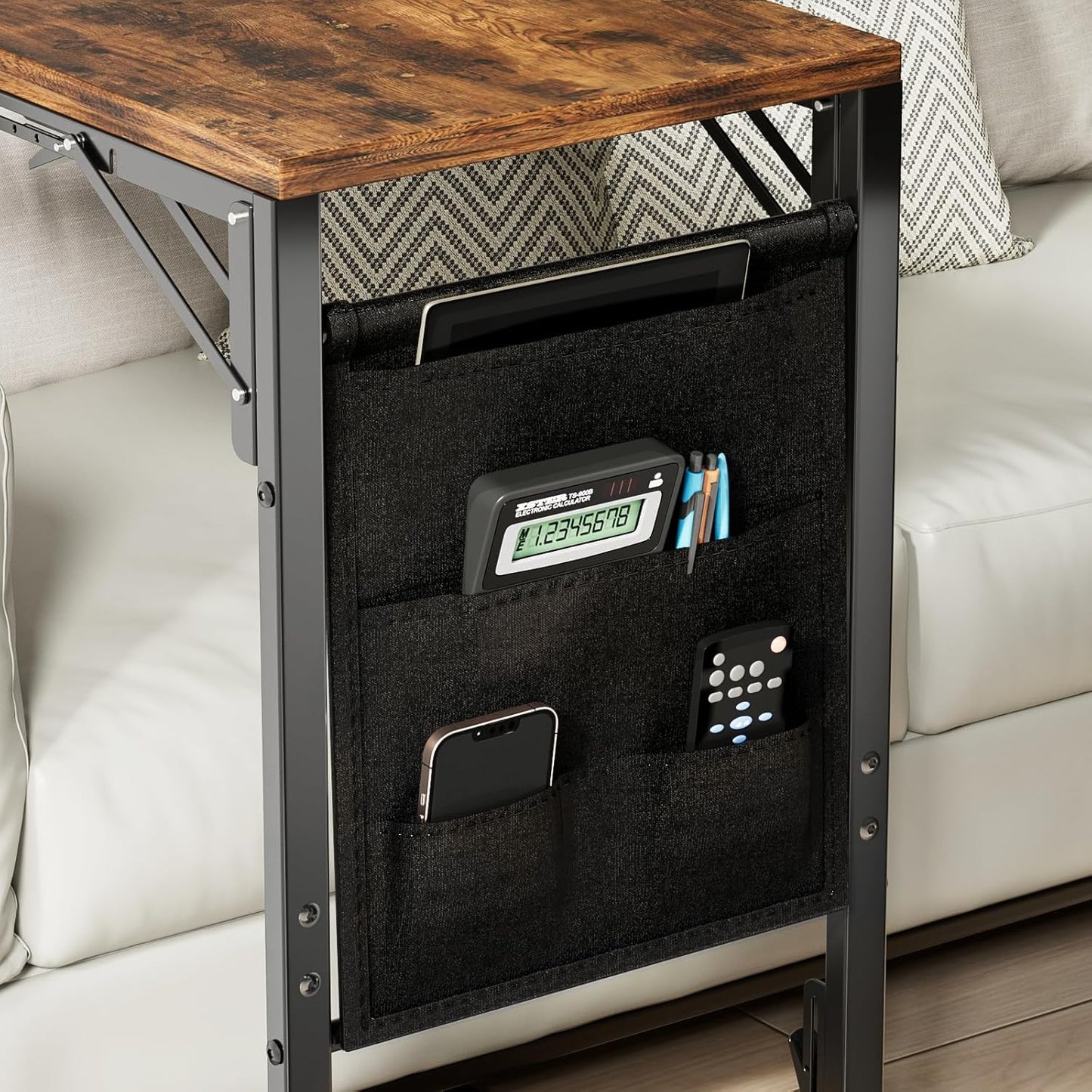 Folding TV Tray Table, Small Folding Side Table with Storage Bag, Portable C Shaped End Stand for Couch Sofa Bed, Rustic Brown