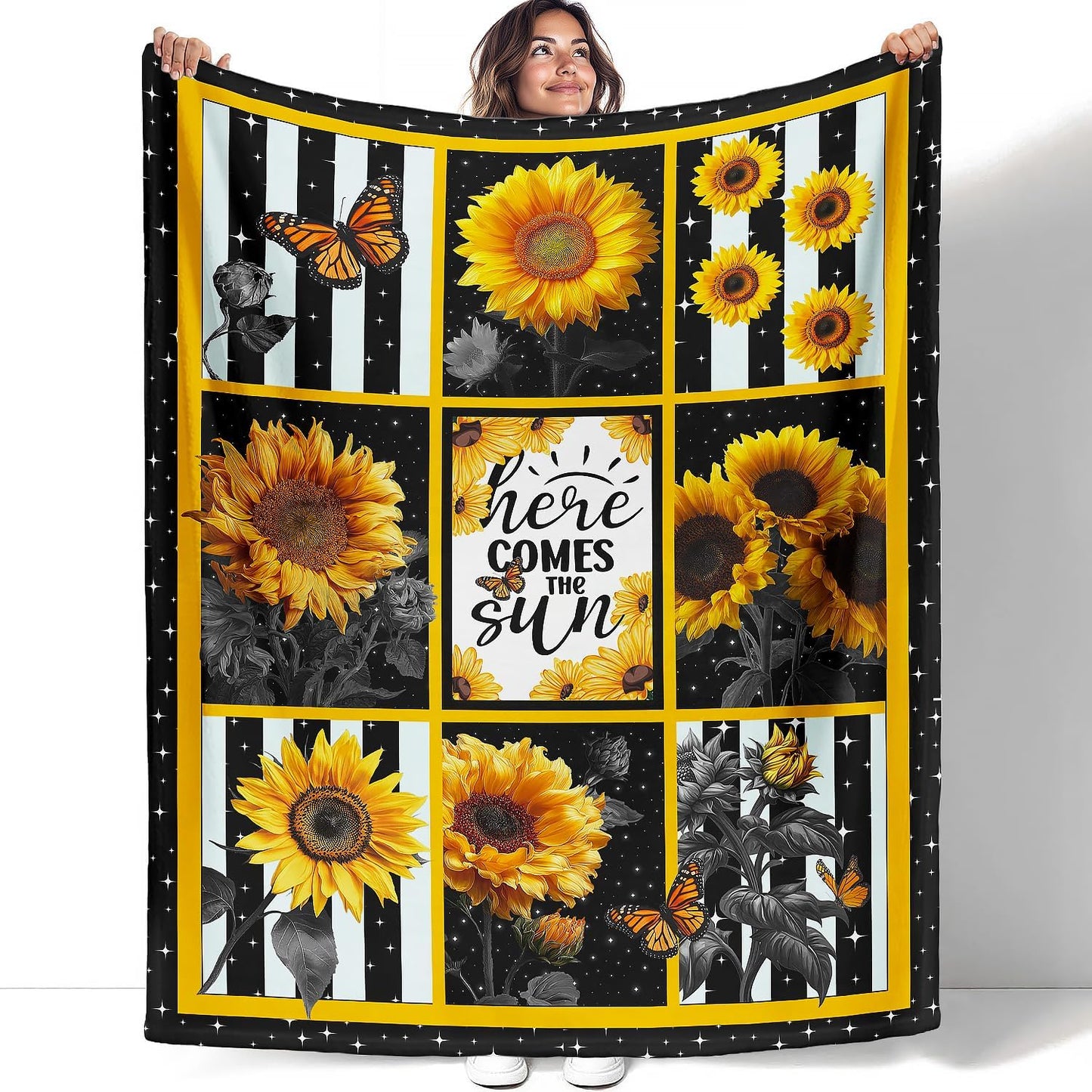 Sunflower Throw Blanket, Stars Butterfly Stripe Design, Soft Cozy Fleece Blanket for Couch Bed, 40 x 50 Inches