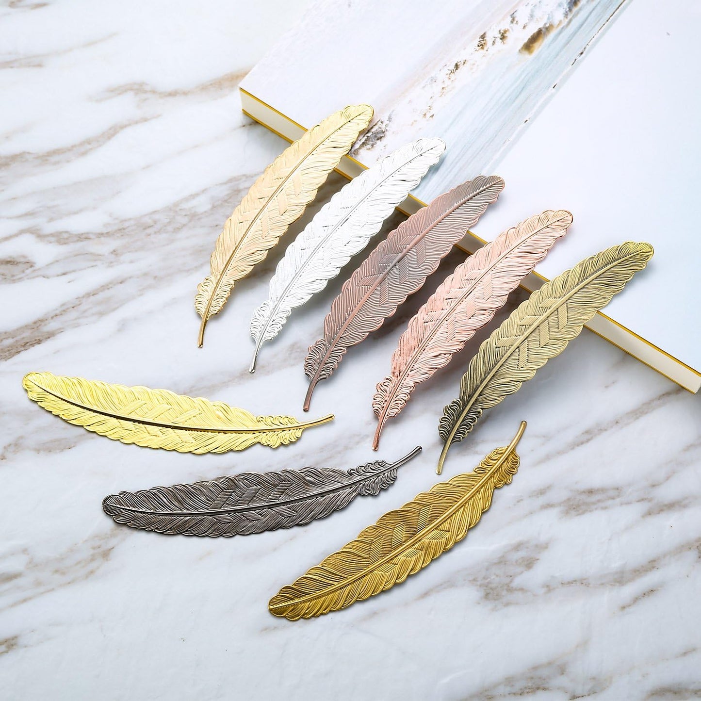 Gejoy 8 Pieces Valentine Metal Feather Bookmarks Vintage Metal Bookmark Feather Shape Book Marker Teacher Appreciation Gifts for Readers Book Lovers(Set 1)