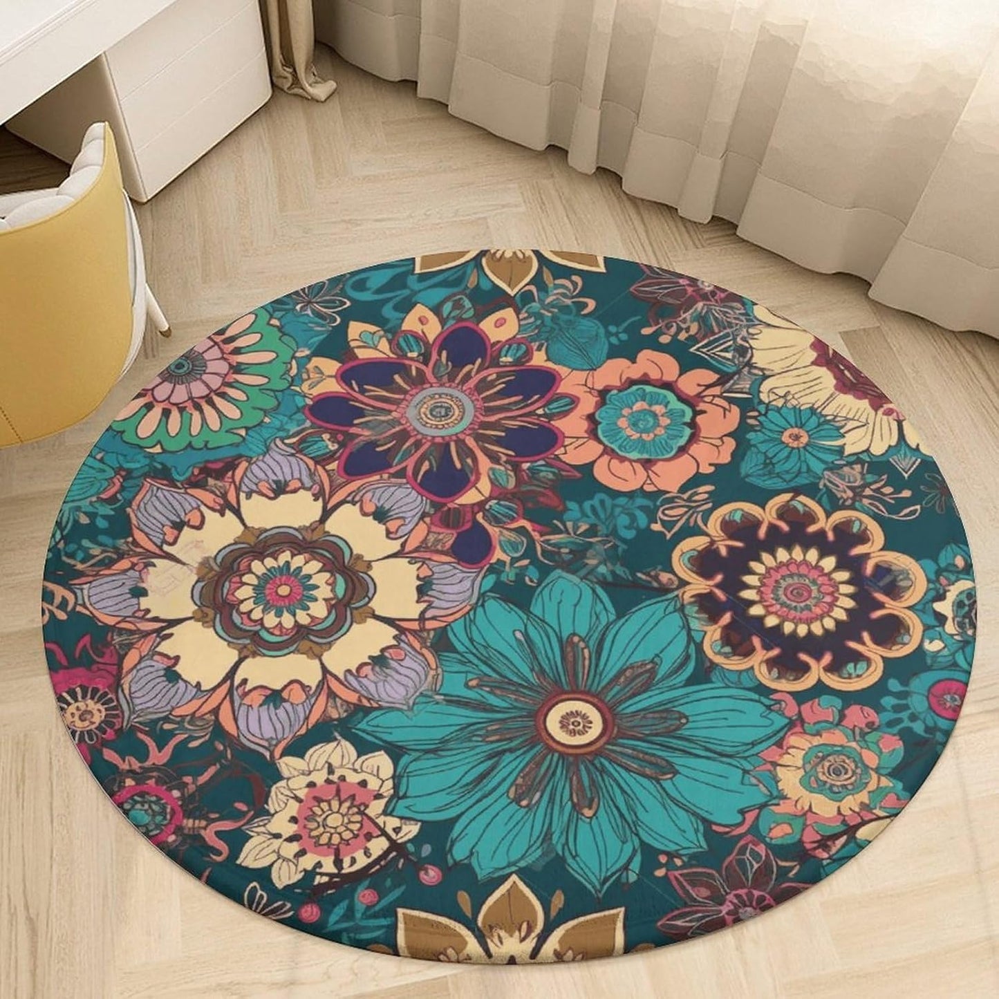 Bohemian Flower Circle Rug Retro Luxury Coral Velvet Floor Mat Non Slip Soft Indoor Floor Carpet Comfy Thickened Area Rugs Modern Aesthetic Minimalist Carpets for Home Decor