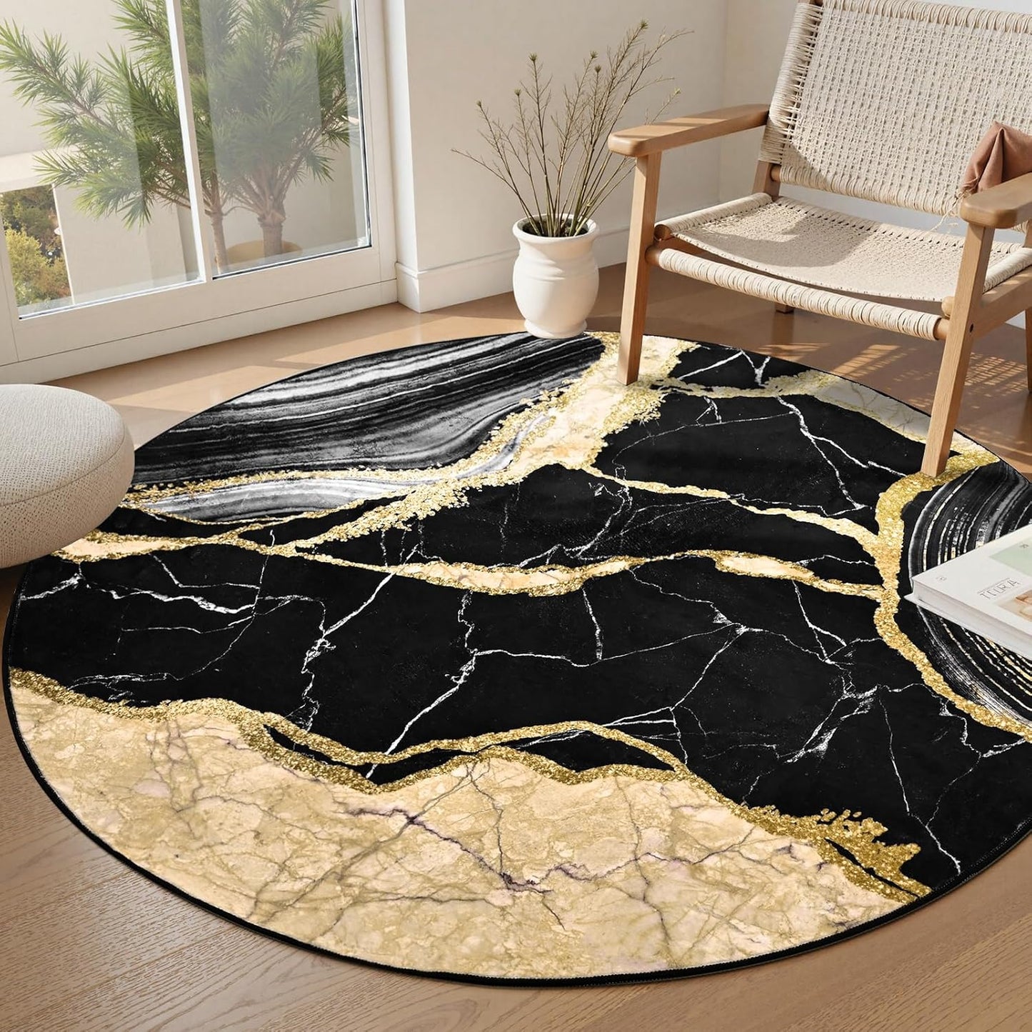 ASPMIZ Black and Gold Round Rug 4ft Washable Round Area Rug for Living Room, Faux Wool Marble Bedroom Rugs Non Slip, Soft Modern Floor Carpet Low Profile Rugs for Dining Room Home Office Decor