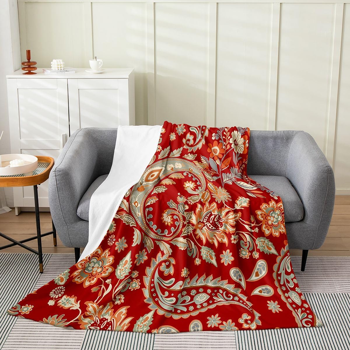 Feelyou Paisley Fuzzy BlanketKids Bohemian Exotic Style Flannel Fleece Throw Blanket Boho Paisley Print All Season Bed Blanket for Sofa Couch Room Indian Style Red Yellow Plush Blanket Queen 90"x90"