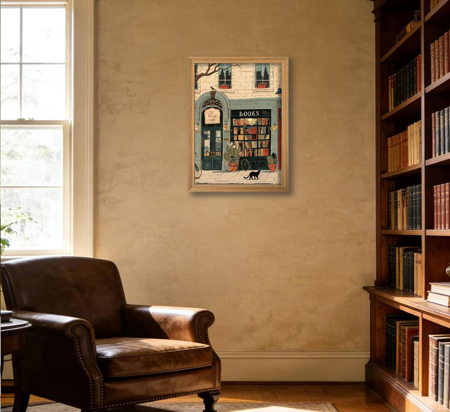 Framed Vintage Book Wall Art Bookstore and Black Cat Painting Canvas Prints Cozy Bookshop Library Bookish Picture Wall Decor Bookworm Reading Nook Poster Artwork for Living Room Bedroom Office