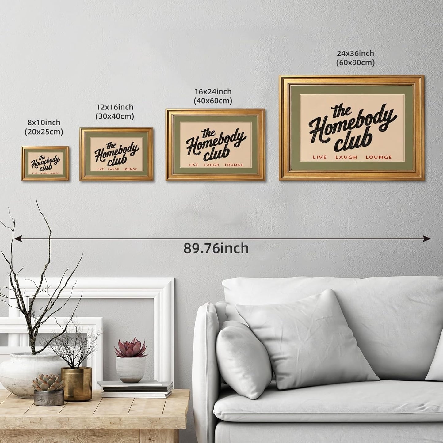 Retro The Homebody Club Canvas Wall Art Prints Funny Quotes Poster Cozy Green and Beige Aesthetic Art Posters Vintage Trendy Funky Quote Wall Decor for Bedroom 24x36inch Golden Frame