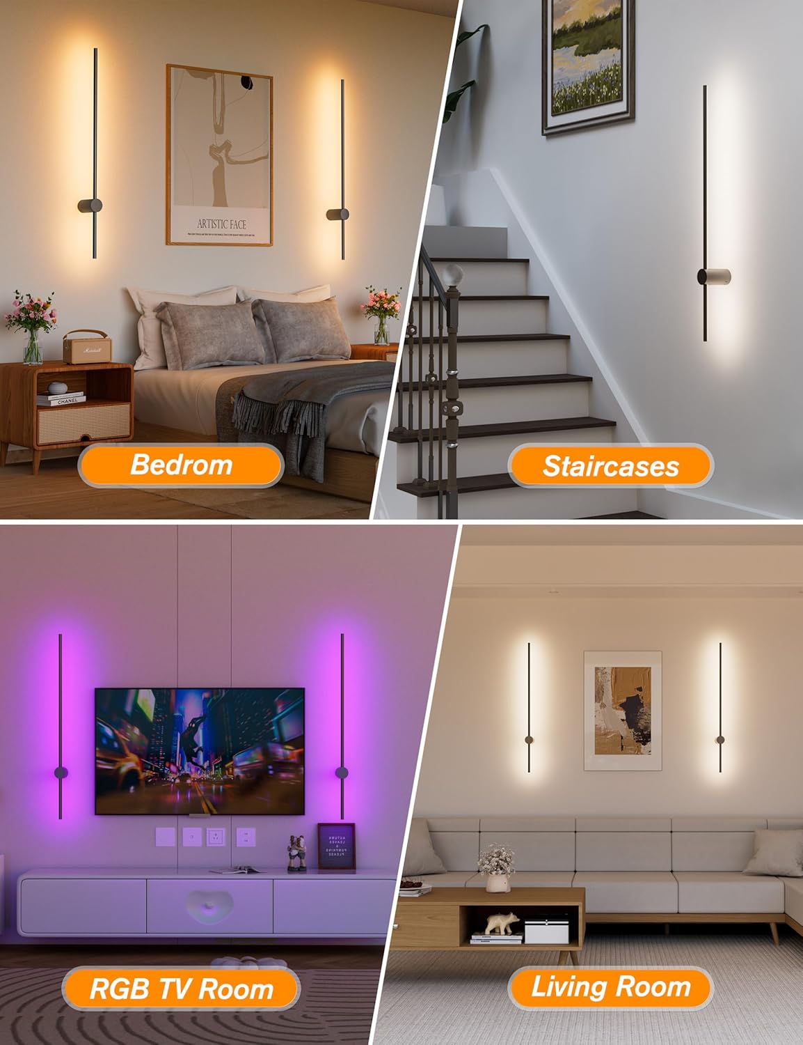 Battery Operated Wall Sconces Set of 2,10000mAh Rechargeable Wireless Sconces with Remote Control,Dimmable Wall Lamps with 7 Colors,35.4 Inch Modern Black Wall Lights for Bedroom, Living Room