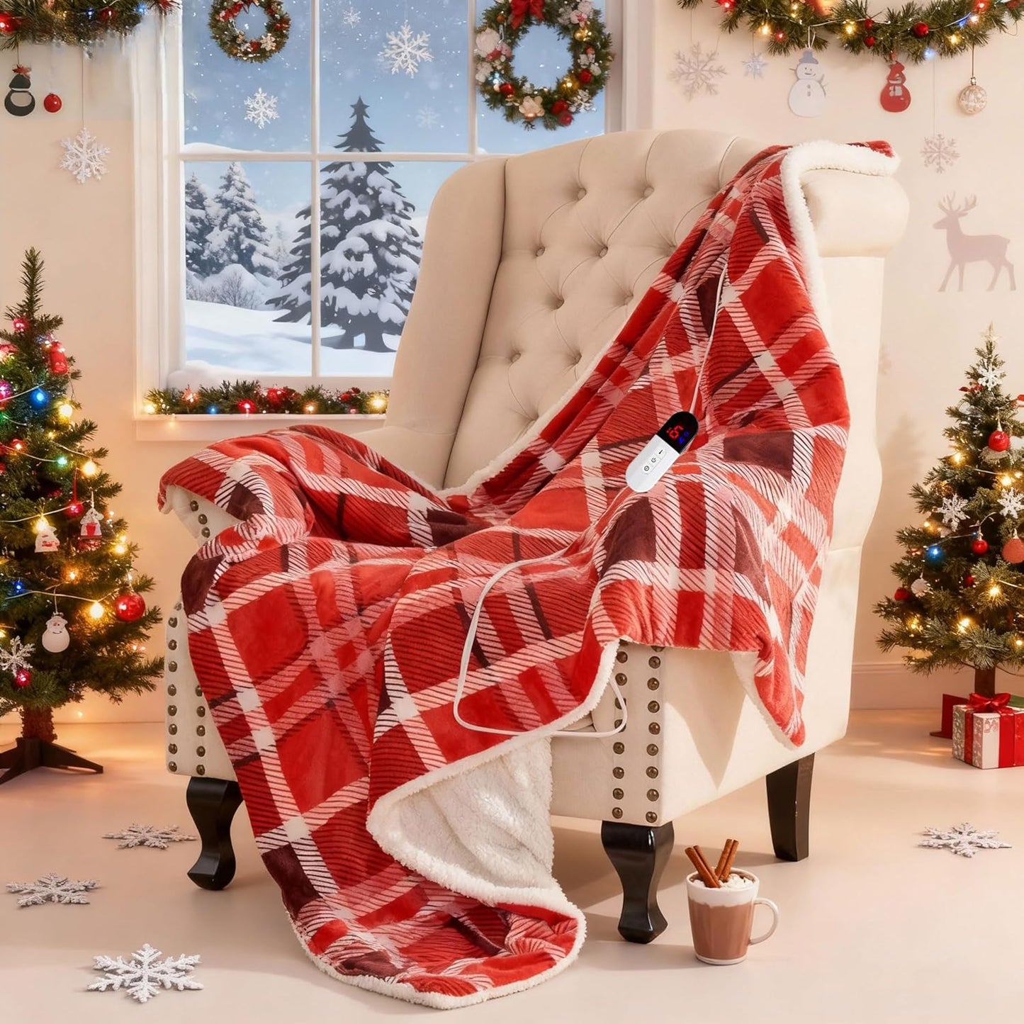 Heated Blanket Electric Throw 50''X60''，Ultra Soft Sherpa Buffalo Plaid Heated Blanket with 6 Heat Levels & 4 Hours Auto Off,Warm Fast Heating Throw with Over-Heated Protection ETL Certification(Red)
