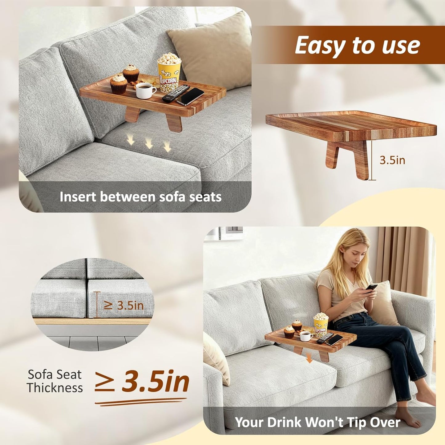 Acacia Wood Couch Tray, Folding sofa Table Insert for Middle Portable Couch Armrest Trays Perfect for Drinks, Snacks, Phone, Remote Control,14.96x10.23-inch (Rectangle)