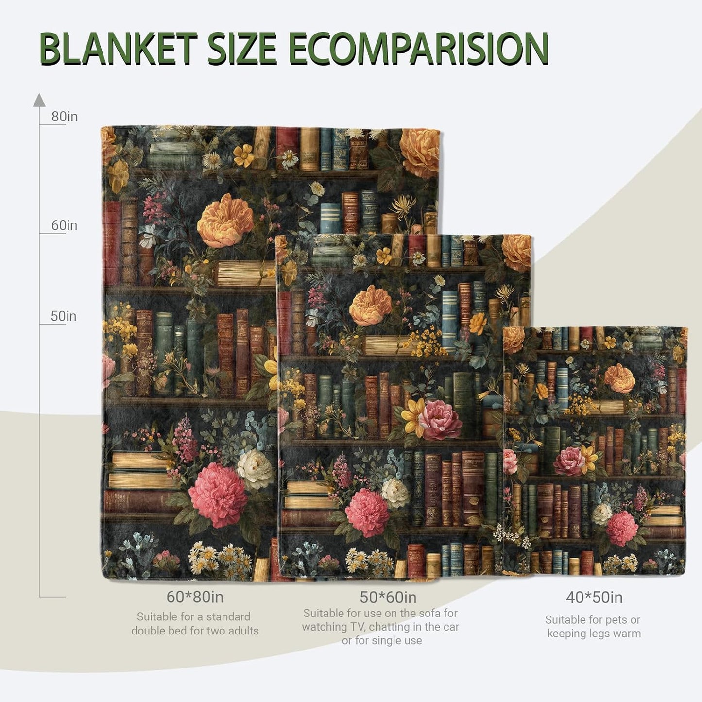 Floral Bookshelf Throw Blanket Soft Lightweight, Retro Book Blankets for Bedroom Living Room Sofa Office, Vintage Classic Flower Cozy Throws, Home Accent and Women Girls Gifts, 50 X 60 Inch