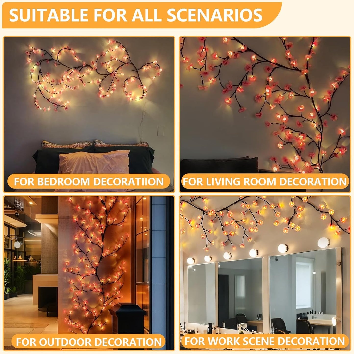 Cherry Enchanted Willow Vine Lights 7.55FT 144LED Pink Cherry Blossom Tree Branch Lights for Wall, Remote Timer,8 Light Model,Bedroom Wall Doors Wedding, Christmas, USB Battery Box