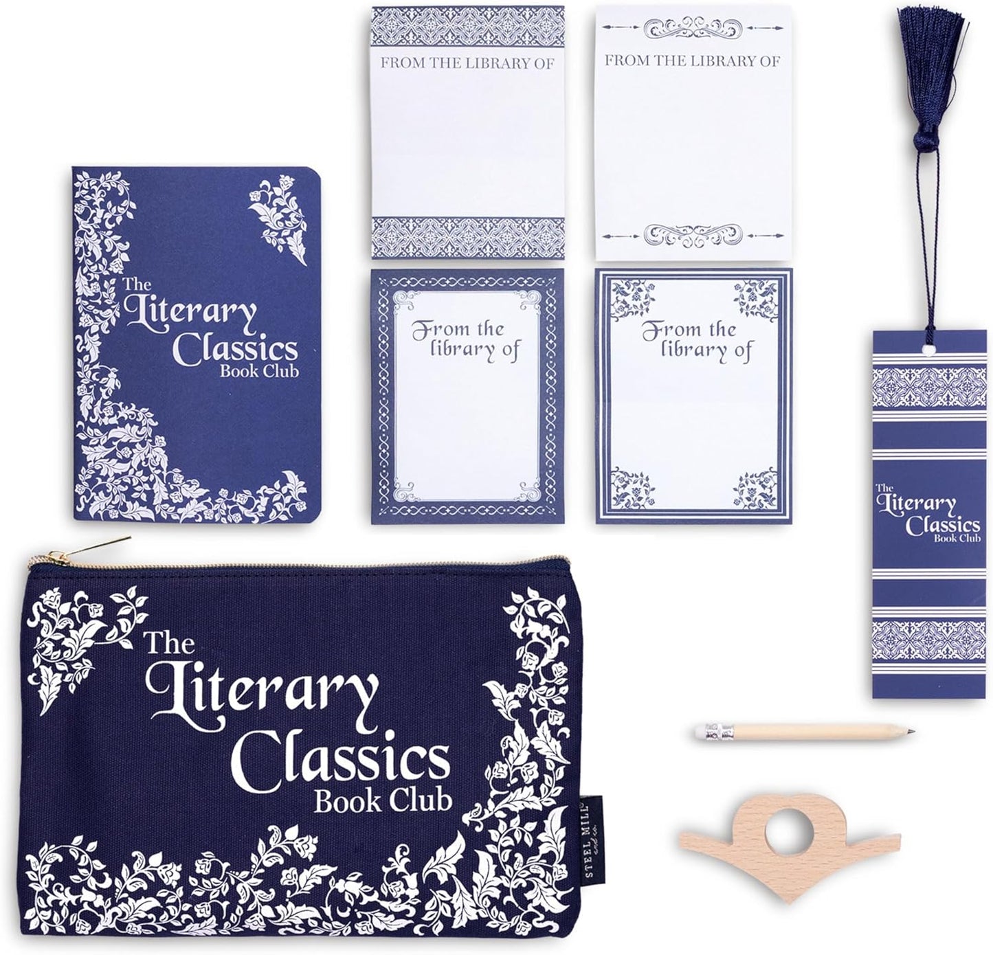 Steel Mill & Co Reading Kit Set with Book Journal, Pencil, Book Holder, Customizable Labels, Bookmark and Zipper Canvas Pouch (Literary Classics)