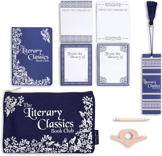 Steel Mill & Co Reading Kit Set with Book Journal, Pencil, Book Holder, Customizable Labels, Bookmark and Zipper Canvas Pouch (Literary Classics)
