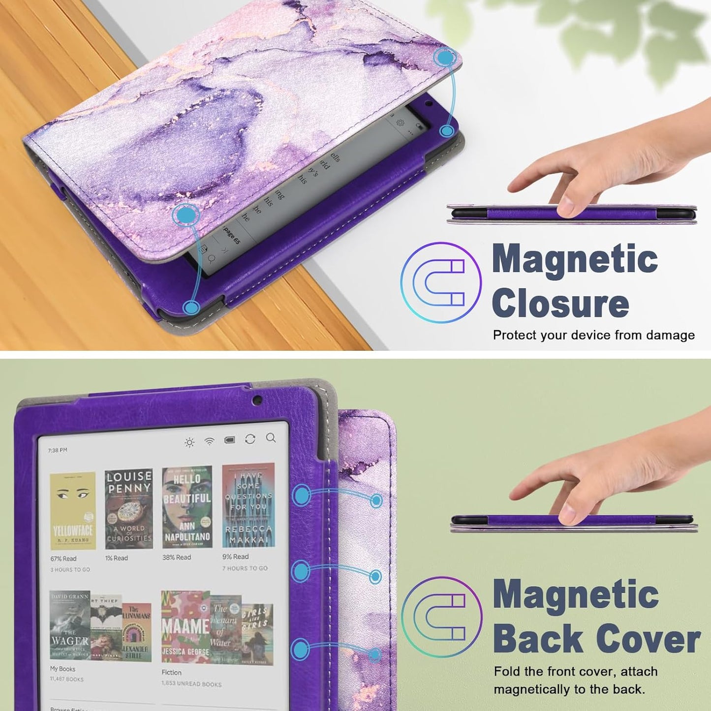 Caweet Case for Kobo Clara Colour/BW 6 Inch 2024 Release, Premium PU Leather Foldable Stand Protective Sleeve Cover with Card Slot and Hand Strap, Lilac Marble