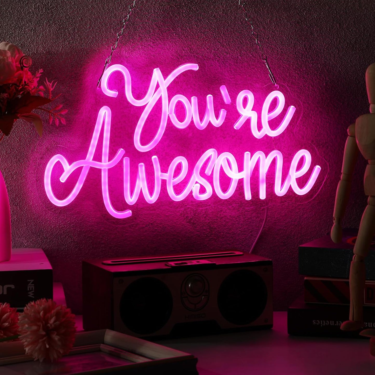 You Are Awesome Neon Signs Dimmable Inspirational LED Neon Lights for Wall Decor Pink USB Positive Quotes Light up Sign for Bedroom Wedding Birthday Classroom Home Office Bar Hanging Decor