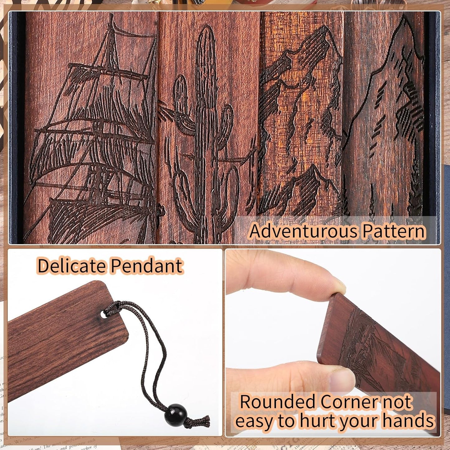 4Pcs Wood Bookmark for Men Easter Gifts, Adventure Wooden Carving Book Mark Vintage Bookmark for Men Book Lovers Birthday Present Students Teachers Appreciation
