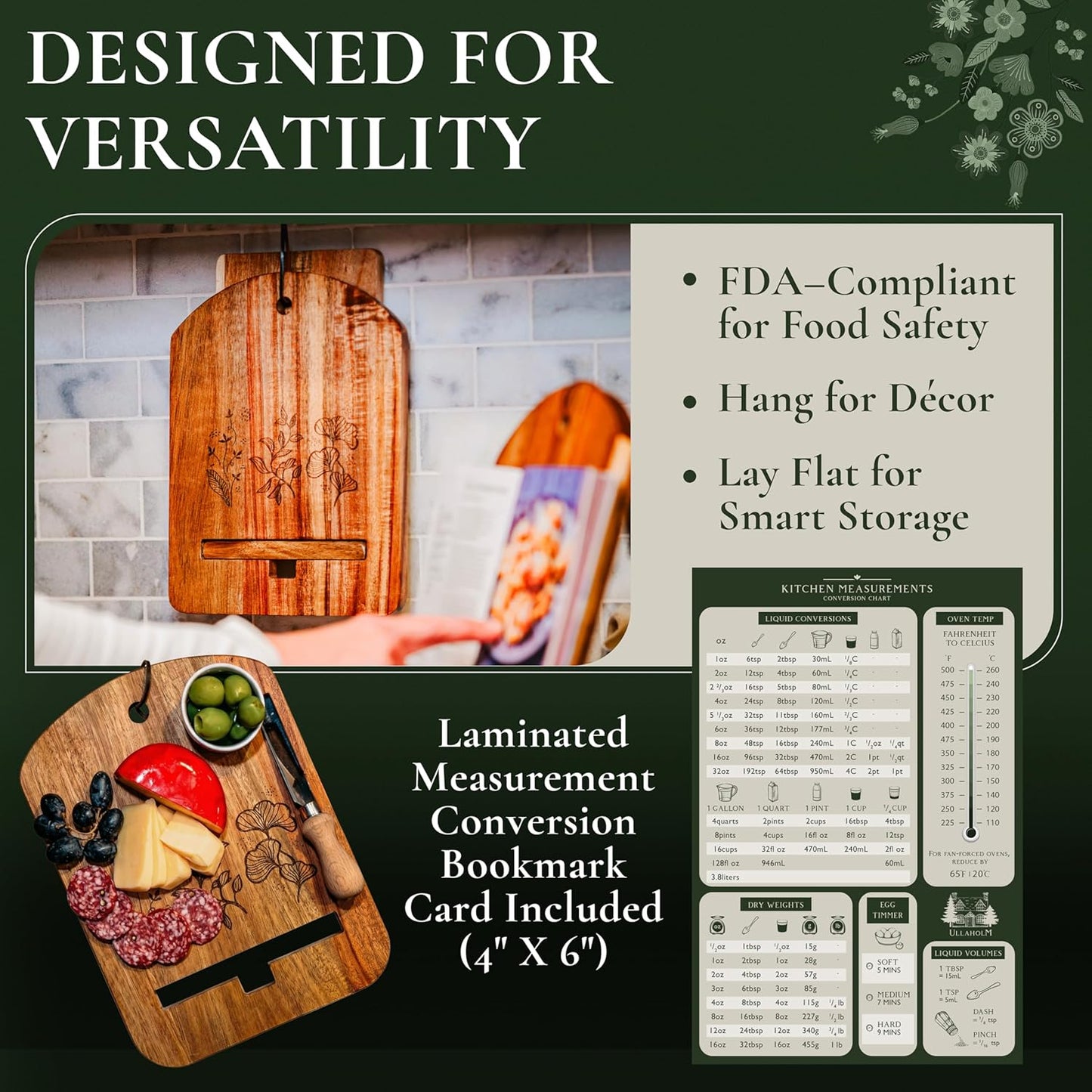 Wood Cook Book Stand for Kitchen Counter - Reversible Acacia Wooden Recipe Book Holder Stand - Cooking Measurement Conversion Card - Gift-Ready Adjustable Tablet Cook Book Holder - Charging Cable Slot