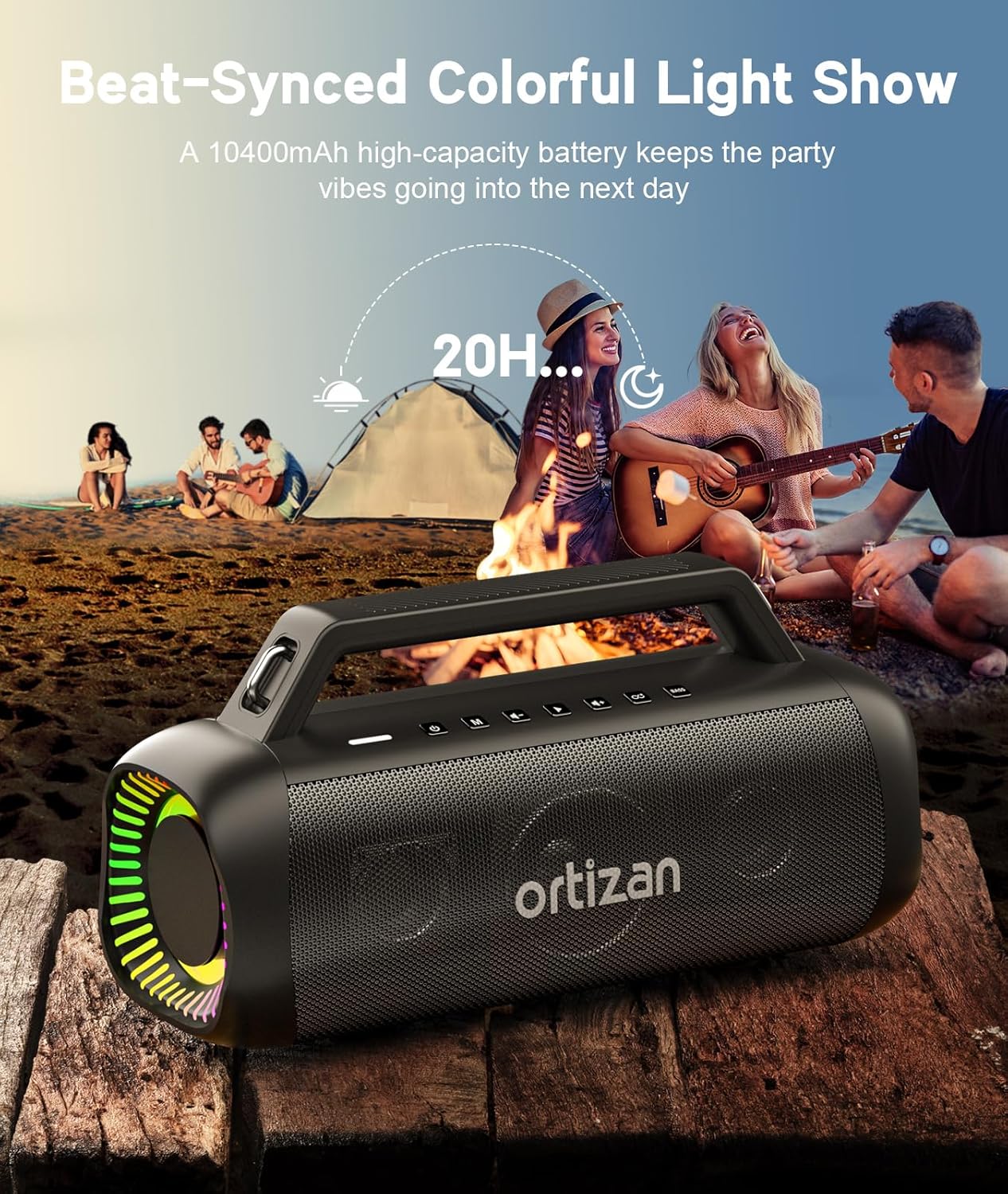 Ortizan 80W Speakers Bluetooth Wireless Loud with Bass, 24H Playtime, IPX7 Waterproof, Bluetooth 5.3, TWS Pairing, Large Outdoor Speaker with Lights, Portable for Garage, Camping and Beach - Black