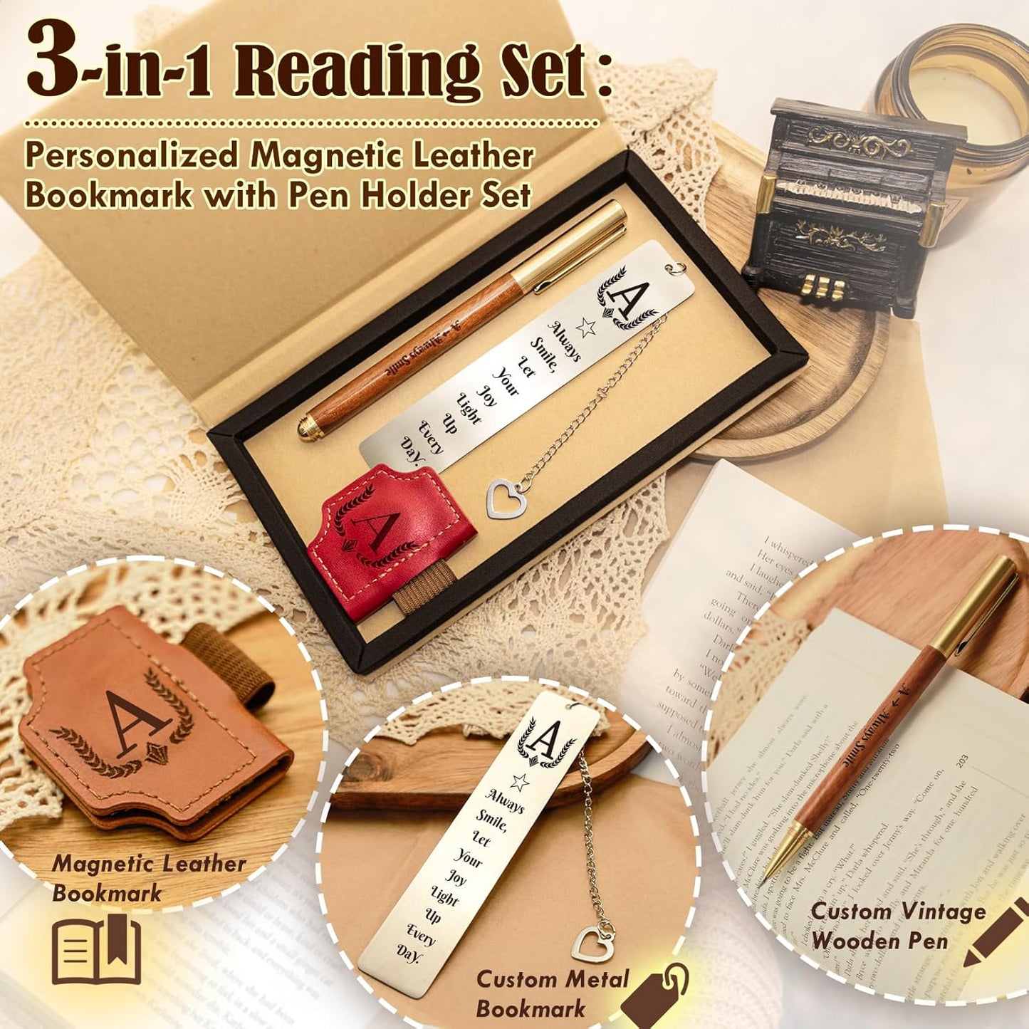 3Pcs Personalized Magnetic Leather Bookmark with Pen Holder Custom Bookmarks Gift Set Include Metal Book Marks & Wooden Pen, Customized Book Markers Gift for Book Lover Readers Women & Men (Brown,J)
